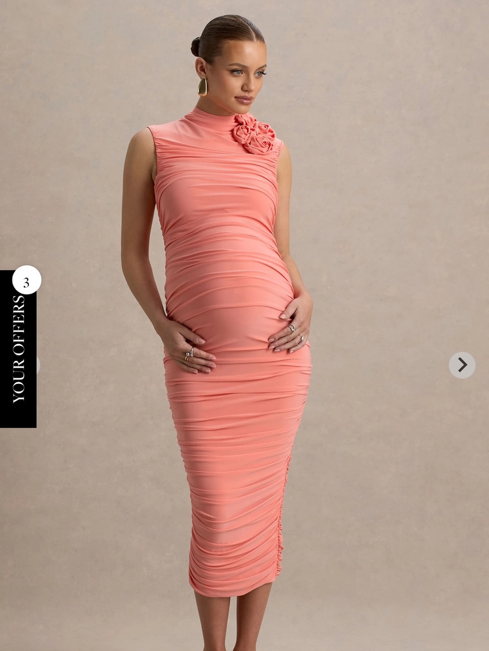 Club L London Coral Pink Ruched Maternity Midi Dress with Floral Shoulder Detail